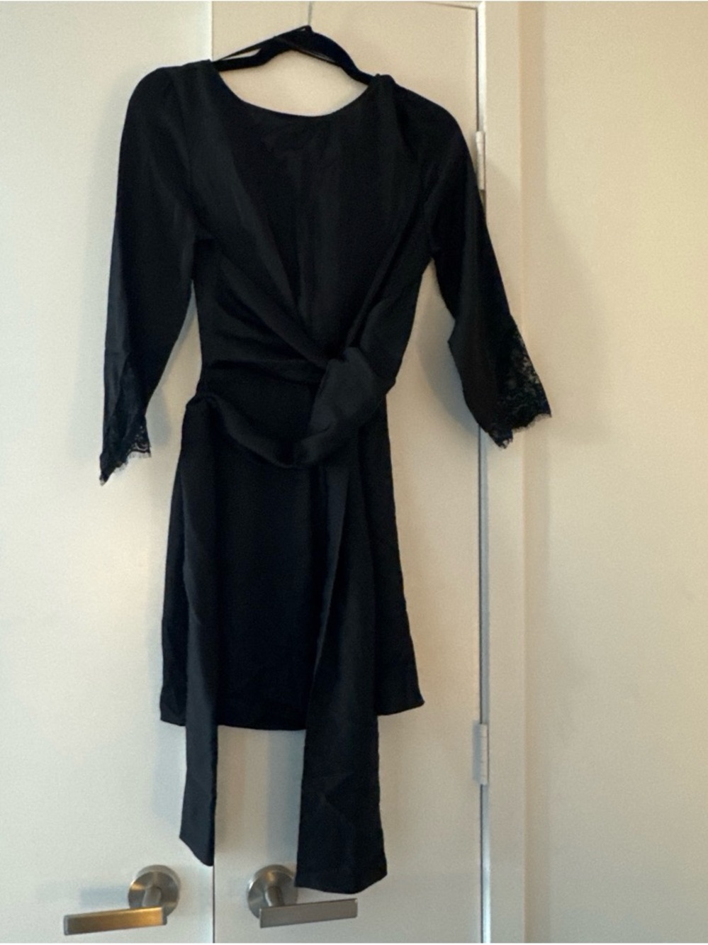 Zara Black Long-Sleeve Tie-Front Dress with Lace Cuffs